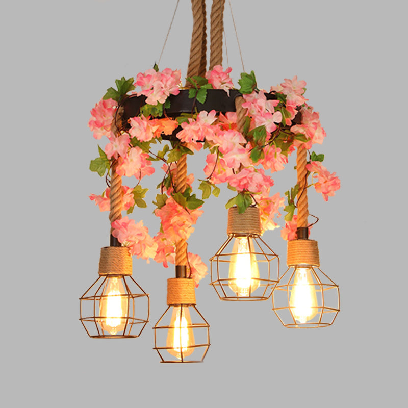 4/8 Lights Orb Cage Pendant Chandelier Retro Black Hemp Rope Ceiling Hang Fixture with Flower Decoration