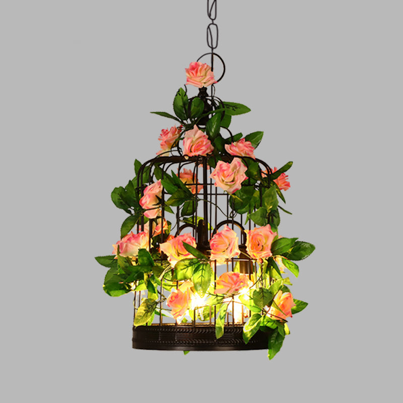 3-Head Birdcage Ceiling Chandelier Loft Black Iron Suspension Pendant Light with Rose and Leaf