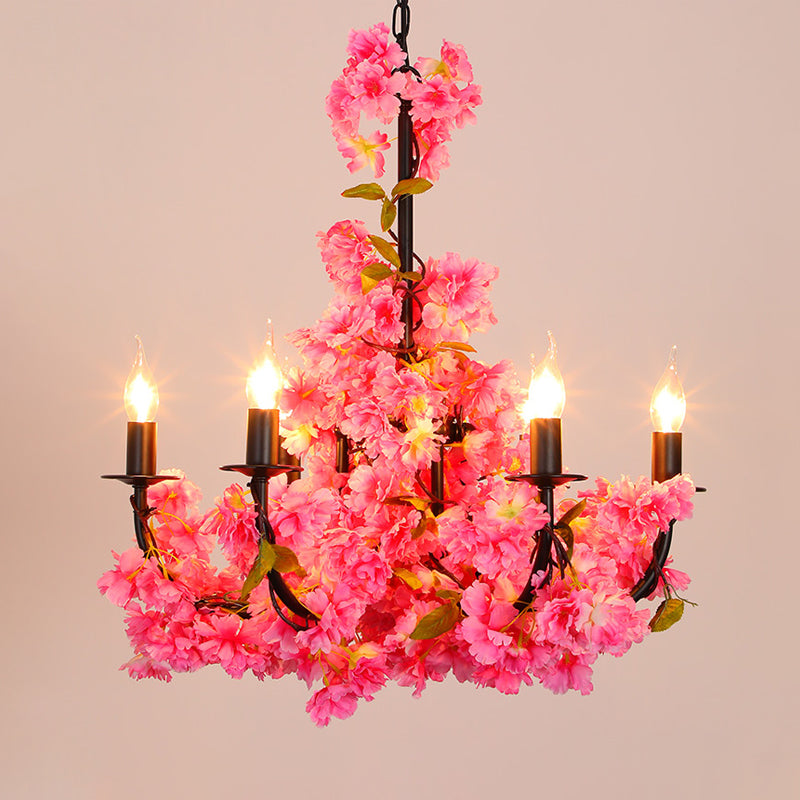 Farm Candelabra Chandelier Pendant Light 6 Heads Iron Hanging Lamp in Black with Flower Decor