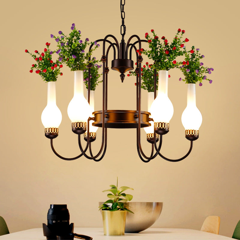 Loft Vase Chandelier Light Fixture 6 Heads Opal Glass Pendant Lamp in Black with Artificial Plant