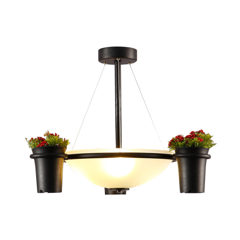 Dome White Glass Pendant Chandelier Industrial 3 Lights Living Room Ceiling Light in Black with Potted Plant