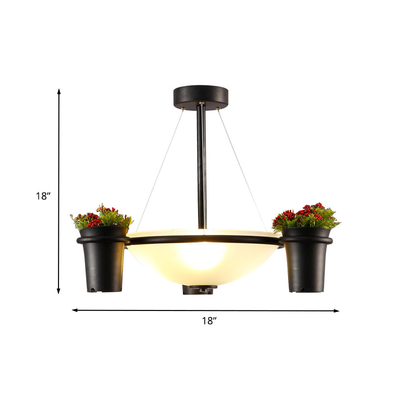 Dome White Glass Pendant Chandelier Industrial 3 Lights Living Room Ceiling Light in Black with Potted Plant