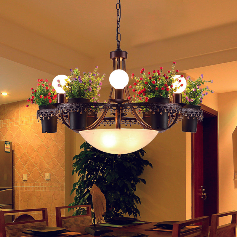 Bowl Restaurant Chandelier Pendant Light Opal Glass 9-Bulb Black Ceiling Lamp with Potted Plant