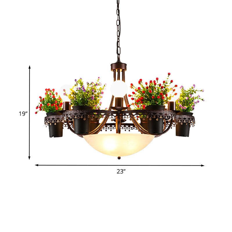 Bowl Restaurant Chandelier Pendant Light Opal Glass 9-Bulb Black Ceiling Lamp with Potted Plant