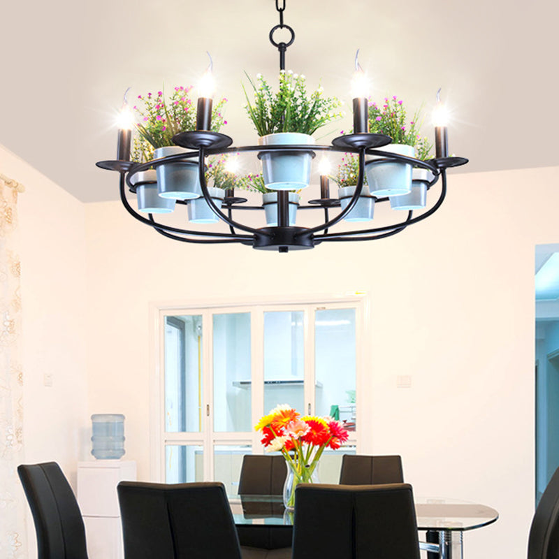 Candelabra Living Room Chandelier Industrial Iron 6/8 Heads Black Pendant Light with Potted Plant Decor