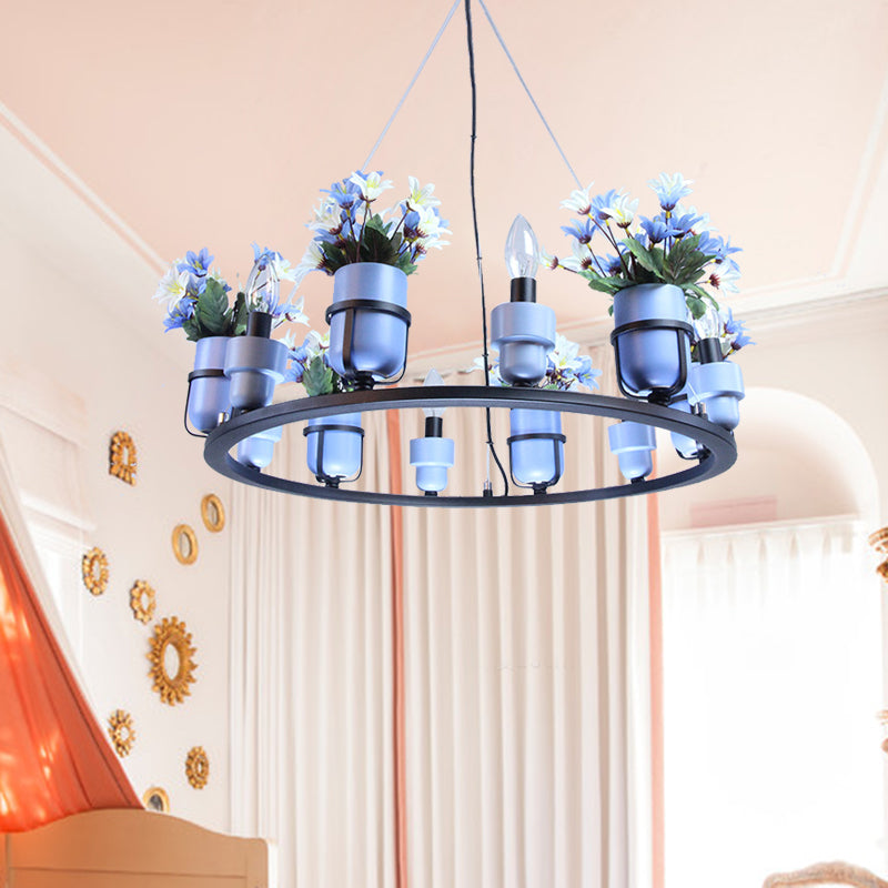 6/8 Lights Ceramic Hanging Chandelier Industrial Pink/Blue Circular Pendant Ceiling Light with Potted Plant Design