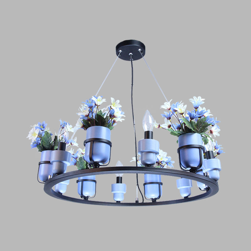 6/8 Lights Ceramic Hanging Chandelier Industrial Pink/Blue Circular Pendant Ceiling Light with Potted Plant Design