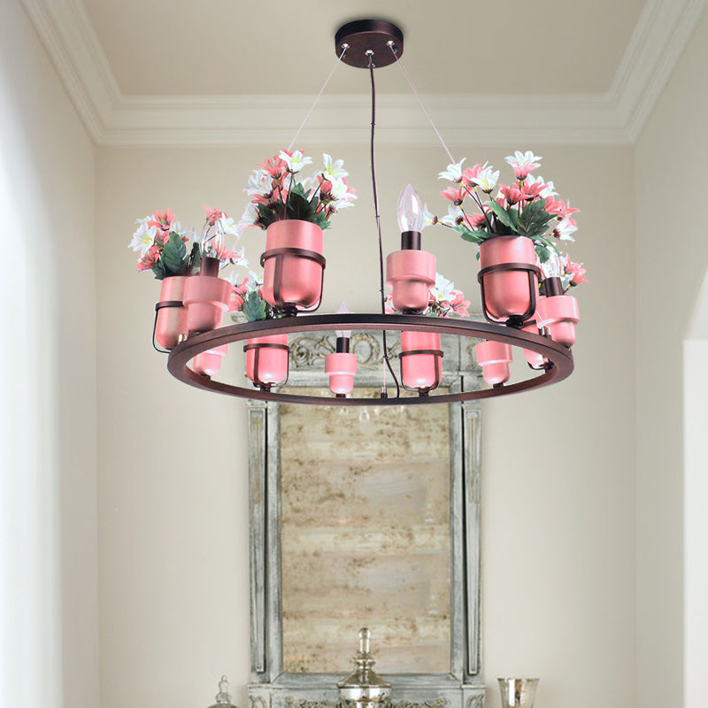 6/8 Lights Ceramic Hanging Chandelier Industrial Pink/Blue Circular Pendant Ceiling Light with Potted Plant Design