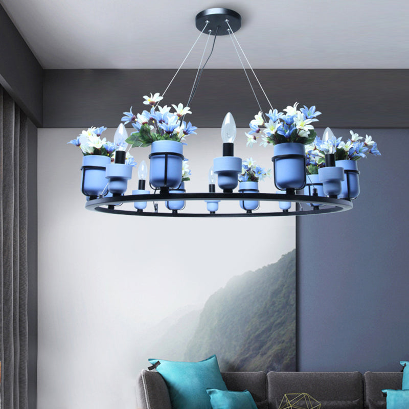 6/8 Lights Ceramic Hanging Chandelier Industrial Pink/Blue Circular Pendant Ceiling Light with Potted Plant Design