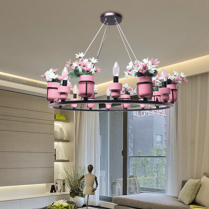 6/8 Lights Ceramic Hanging Chandelier Industrial Pink/Blue Circular Pendant Ceiling Light with Potted Plant Design