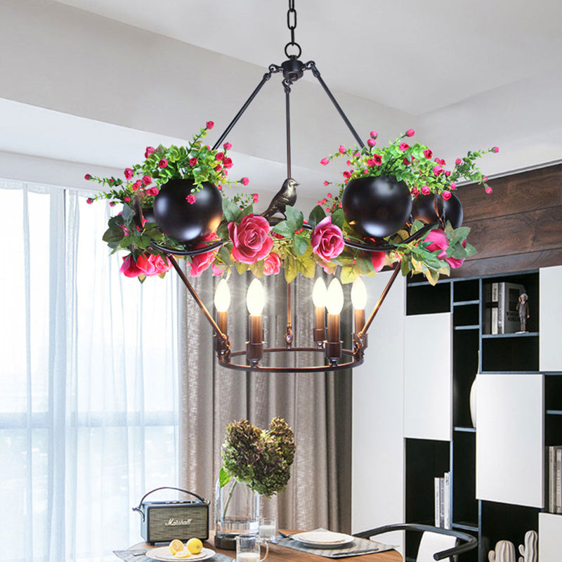 Iron Candle Ceiling Chandelier Industrial 6/8 Bulbs Restaurant Pendant Lamp in Black with Flower and Bird Decor