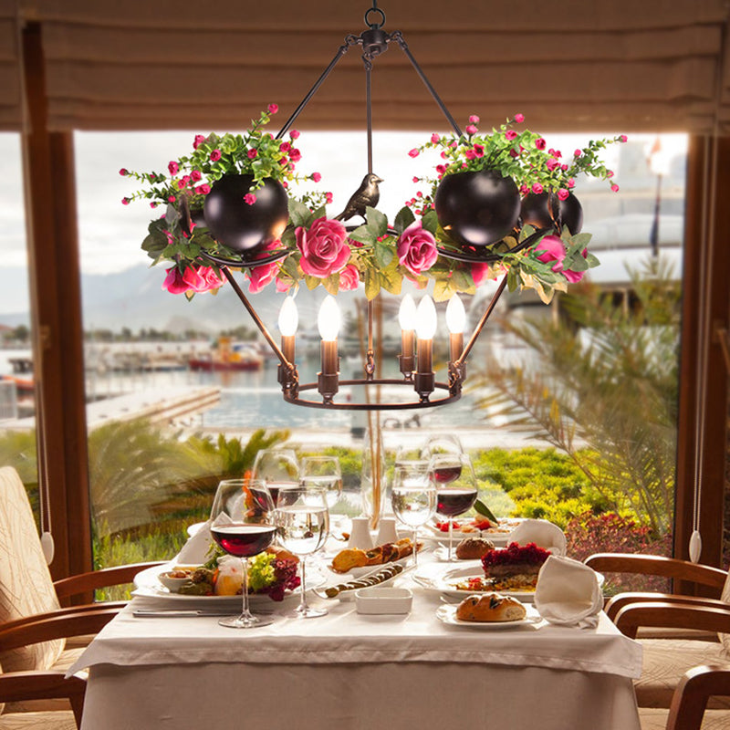 Lámpara colgante de restaurantes industrial de techo de vela de vela de hierro con decoración de flores y pájaros