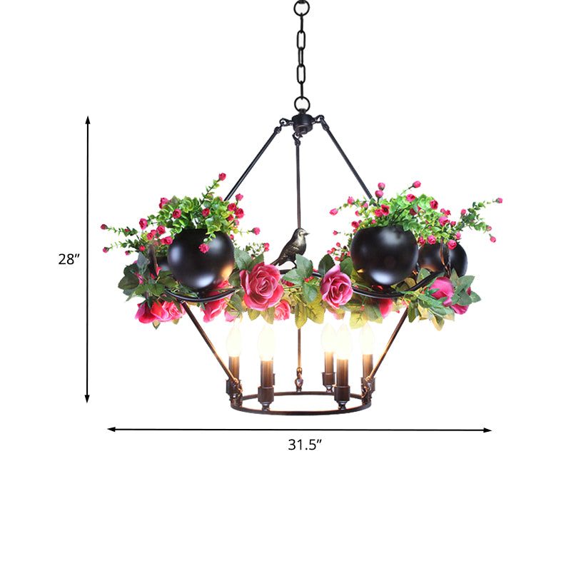 Iron Candle Ceiling Chandelier Industrial 6/8 Bulbs Restaurant Pendant Lamp in Black with Flower and Bird Decor