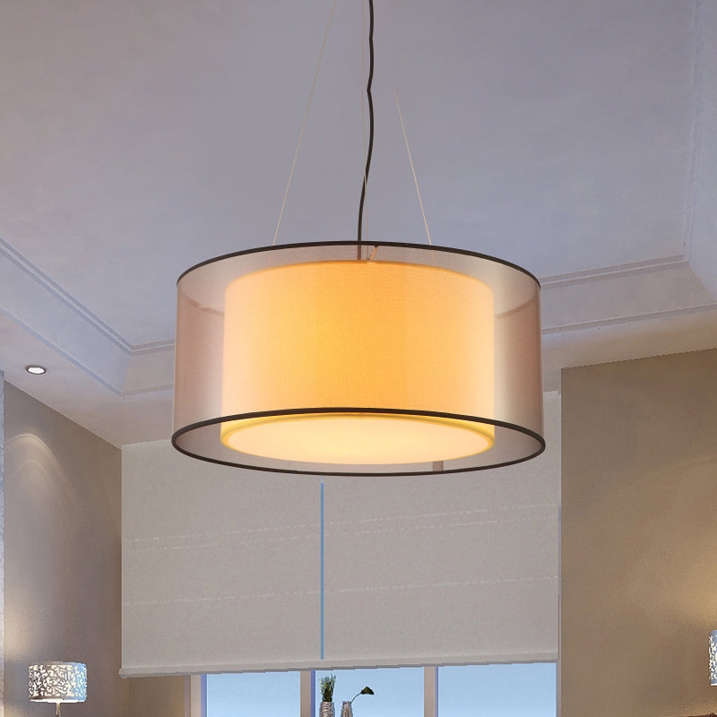 2 Layers Rectangle/Round Chandelier Modern Fabric 3 Bulbs Dining Room Ceiling Suspension Lamp in Flaxen