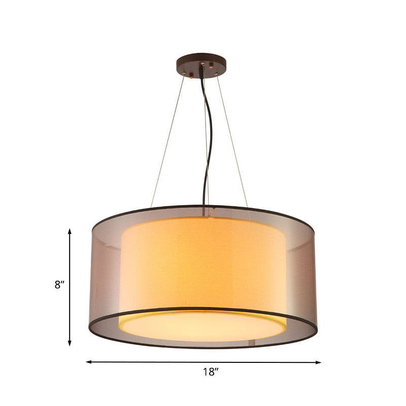 2 Layers Rectangle/Round Chandelier Modern Fabric 3 Bulbs Dining Room Ceiling Suspension Lamp in Flaxen