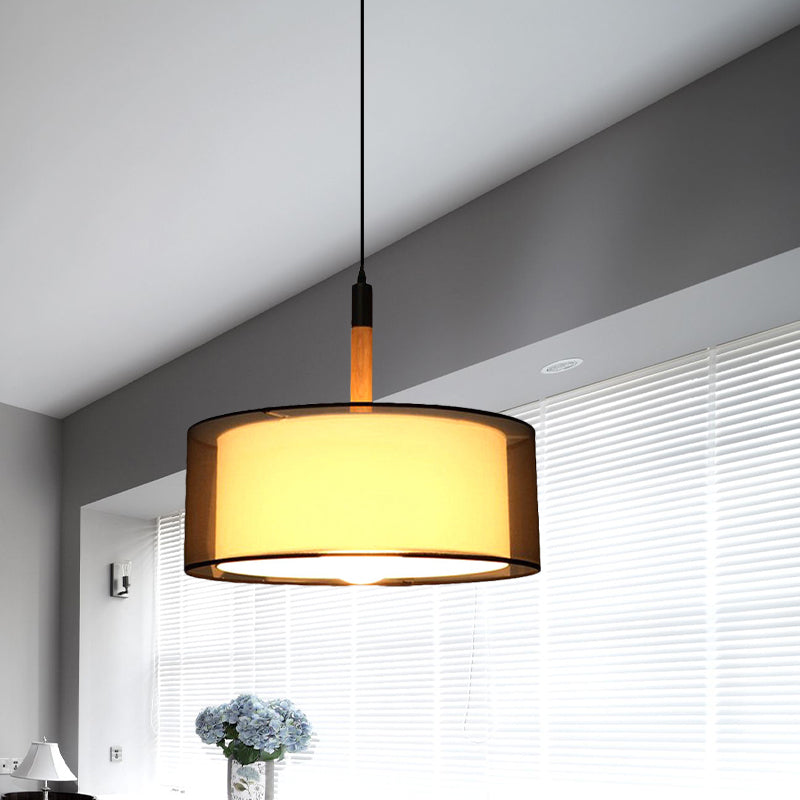 Black Dual Shade Rounded Pendant Lamp Modernism 1 Head Fabric Suspension Light with Wood Grip