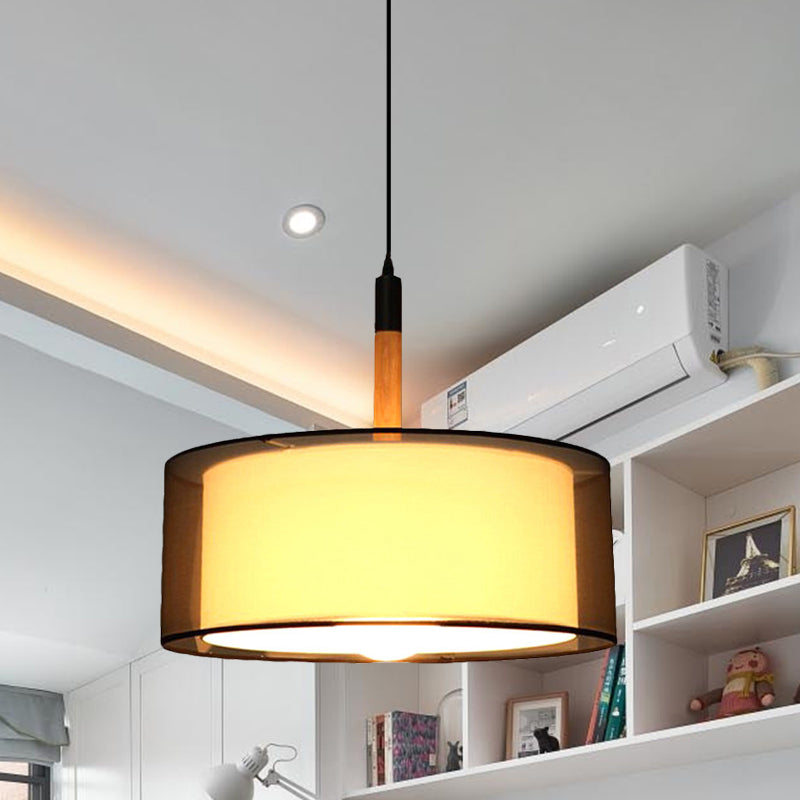 Black Dual Shade Rounded Pendant Lamp Modernism 1 Head Fabric Suspension Light with Wood Grip