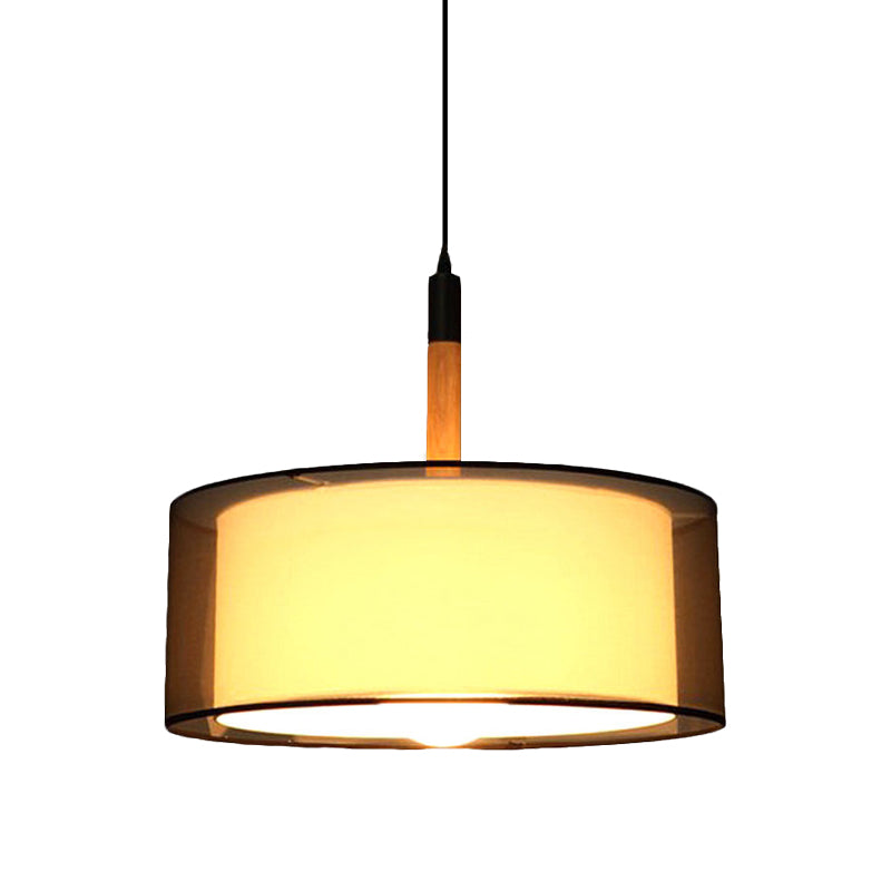 Black Dual Shade Rounded Pendant Lamp Modernism 1 Head Fabric Suspension Light with Wood Grip