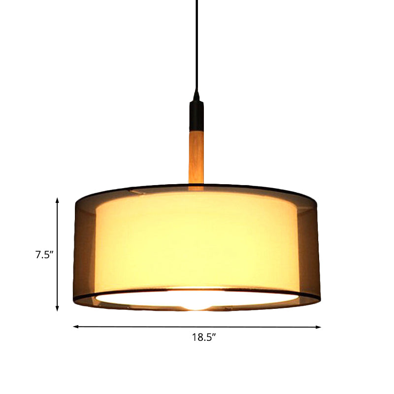 Black Dual Shade Rounded Pendant Lamp Modernism 1 Head Fabric Suspension Light with Wood Grip