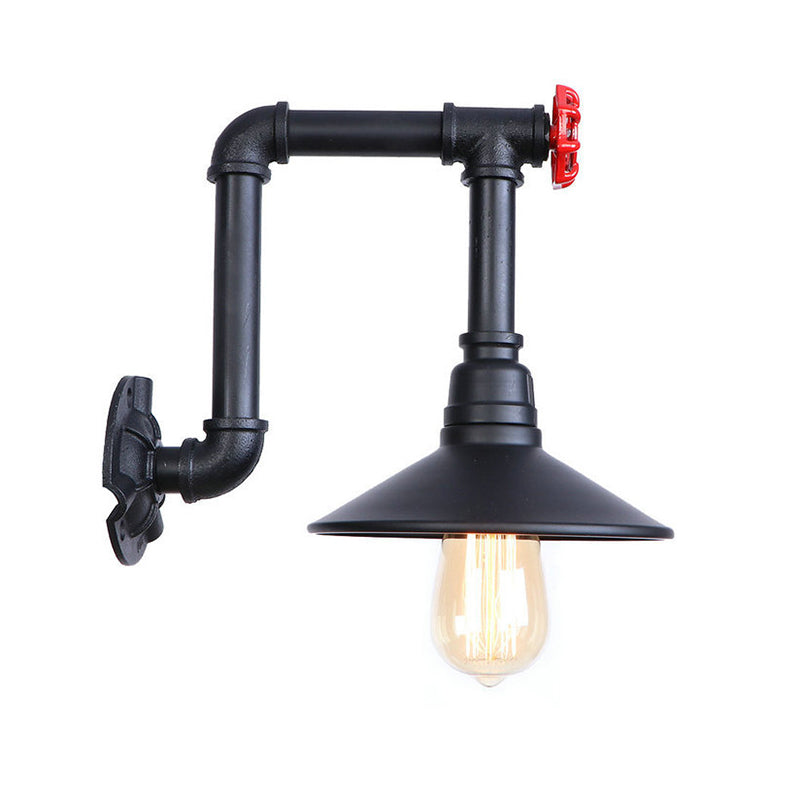 1 Bulb Cone Wall Lighting Fixture with Pipe Design Industrial Black Finish Iron Wall Lamp Sconce