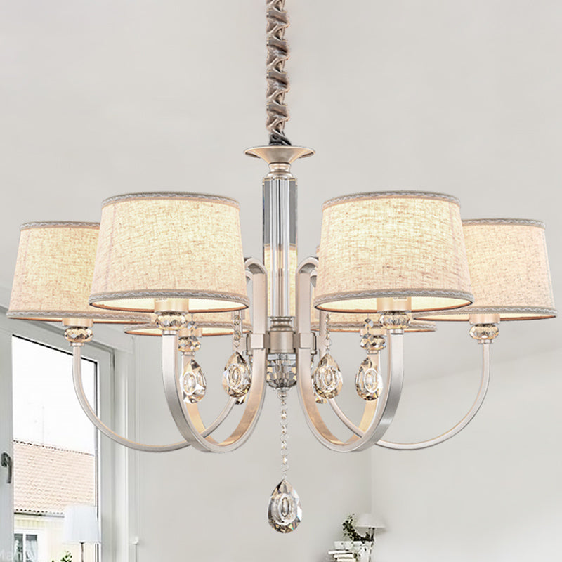 Nickel Swoop Arm Hanging Chandelier Modern 3/6 Lights Metal Drop Lamp with Flaxen Fabric Shade and K9 Crystal Decor