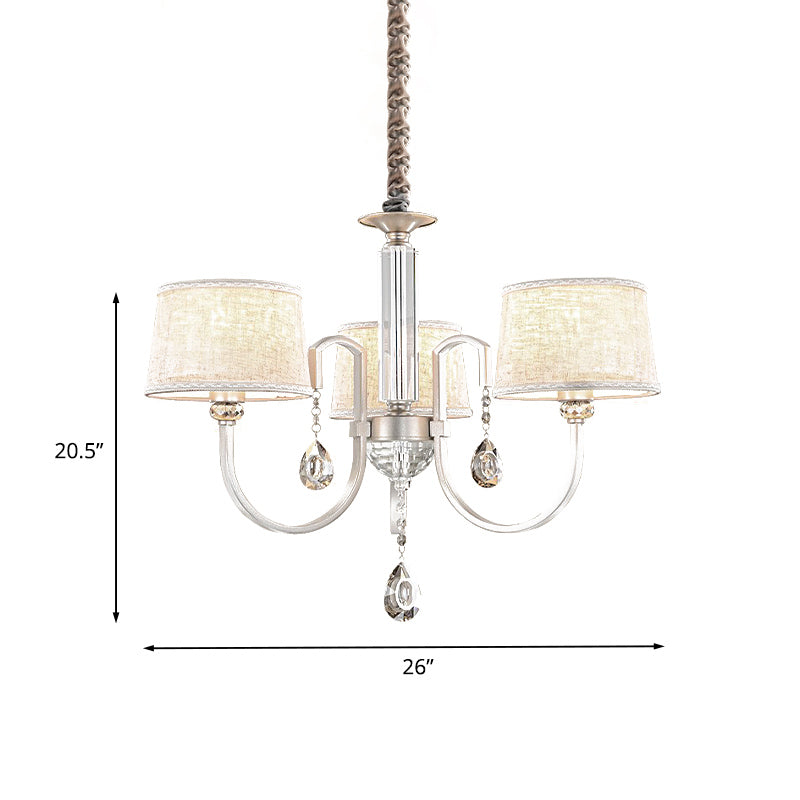 Nickel Swoop Arm Hanging Chandelier Modern 3/6 Lights Metal Drop Lamp with Flaxen Fabric Shade and K9 Crystal Decor