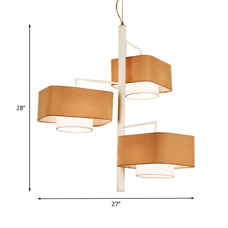 3-Tier Dual Shade Chandelier Lamp Contemporary Fabric 3-Light Brown Hanging Light Fixture for Dining Room