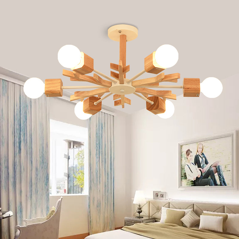 Nordic Starburst Semi Flush Light Wood 3/6 koppen woonkamer plafondbevestiging kroonluchter met blootgestelde lampontwerp