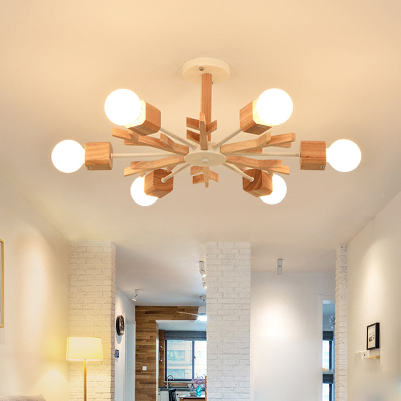 Nordic Starburst Semi Flush Light Wood 3/6 koppen woonkamer plafondbevestiging kroonluchter met blootgestelde lampontwerp