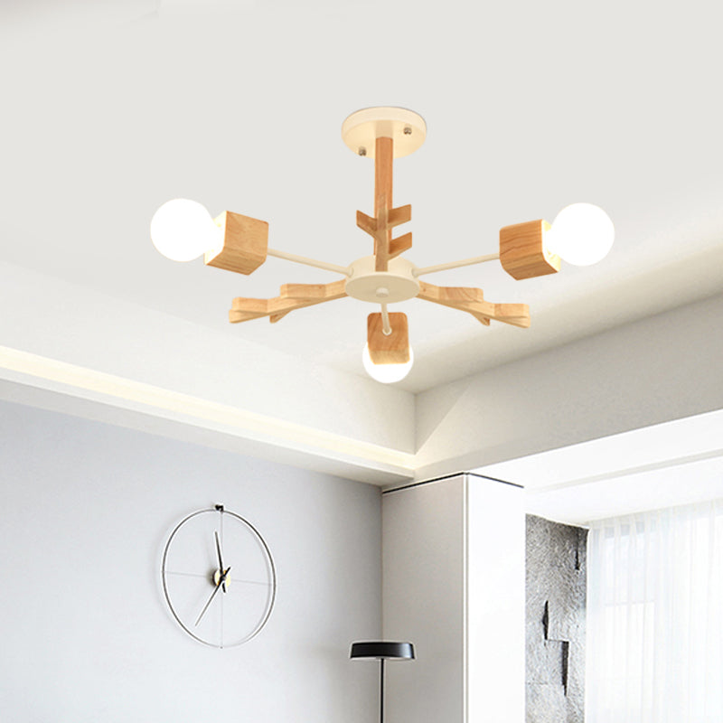 Nordic Starburst Semi Flush Light Wood 3/6 koppen woonkamer plafondbevestiging kroonluchter met blootgestelde lampontwerp