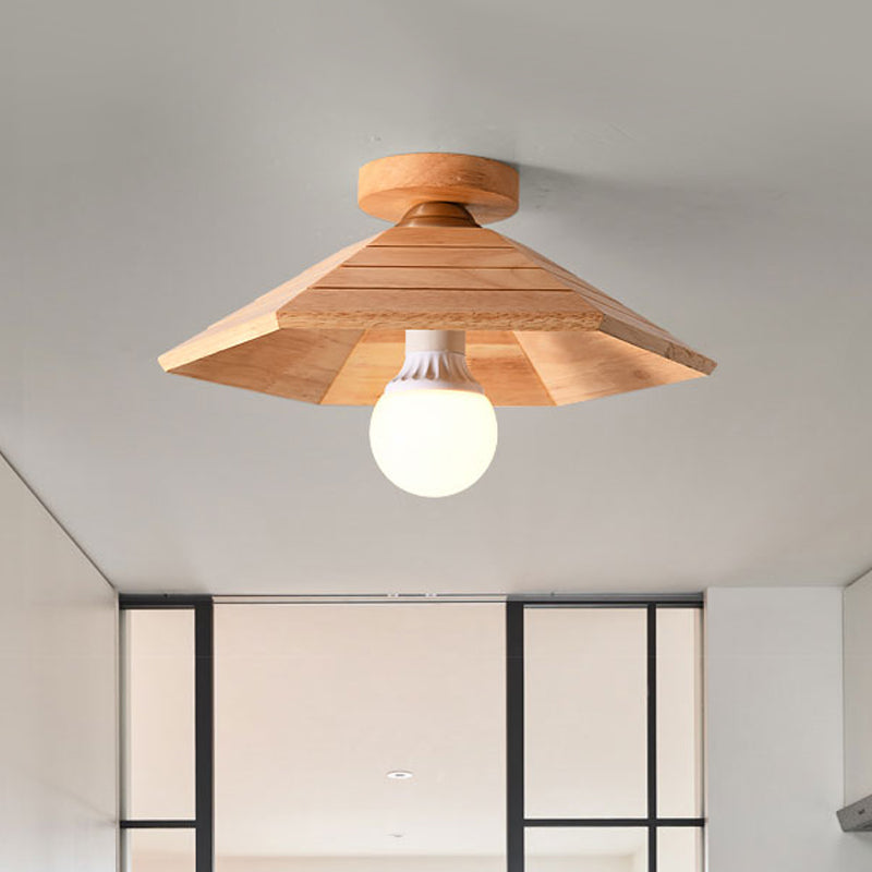 Ridged Saucer Semi Flush Ceiling Light Rural Wooden Single Beige Flush Mounted Lamp for Kitchen