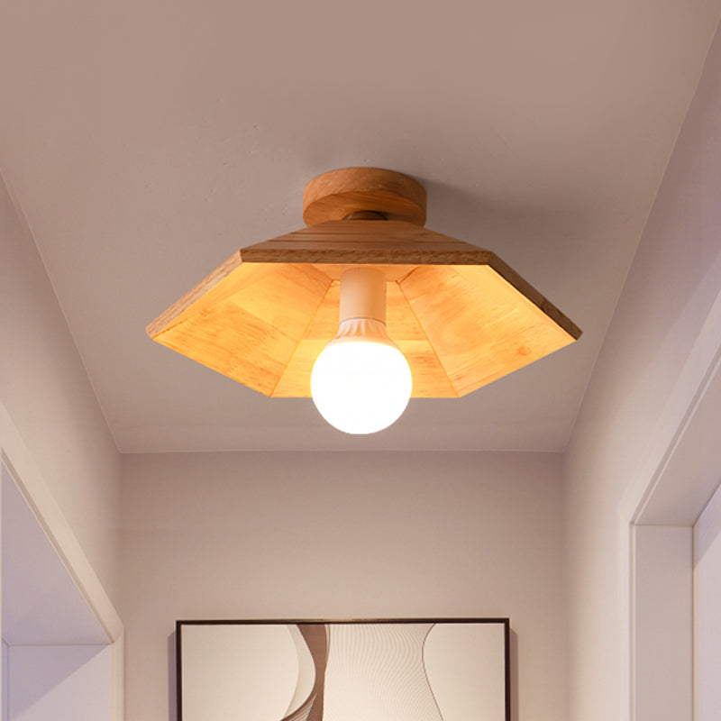 Ridged Saucer Semi Flush Ceiling Light Rural Wooden Single Beige Flush Mounted Lamp for Kitchen