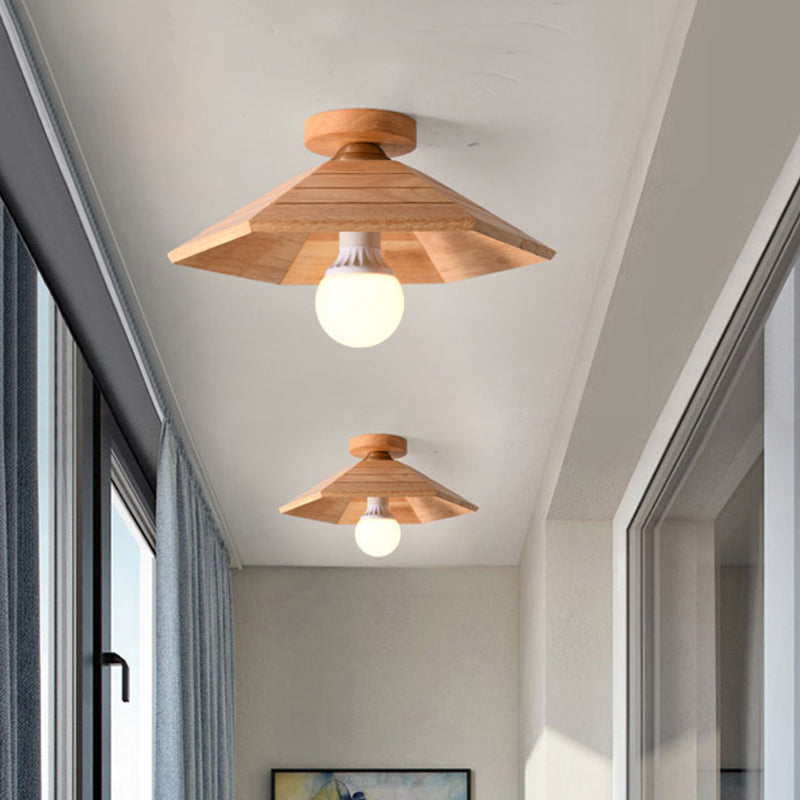 Ridged Saucer Semi Flush Ceiling Light Rural Wooden Single Beige Flush Mounted Lamp for Kitchen