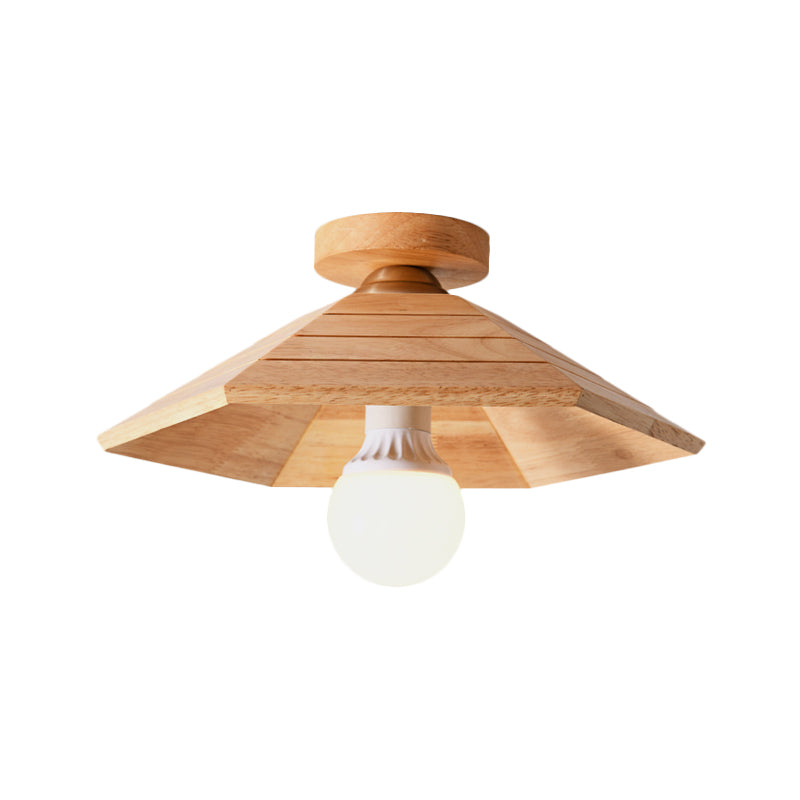 Ridged Saucer Semi Flush Ceiling Light Rural Wooden Single Beige Flush Mounted Lamp for Kitchen