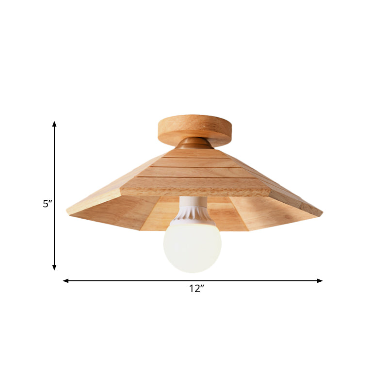 Ridged Saucer Semi Flush Ceiling Light Rural Wooden Single Beige Flush Mounted Lamp for Kitchen