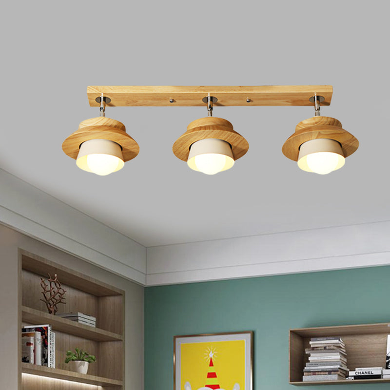 Dual Cap Shade Swivelable Flush Mount Nordic Wooden 3-Light White Semi Ceiling Lamp for Sitting Room