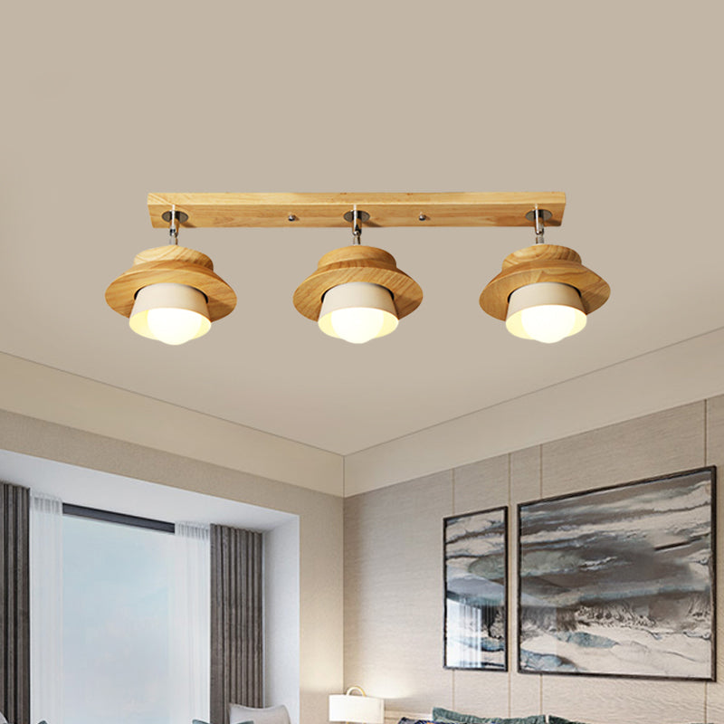 Dual Cap Shade Swivelable Flush Mount Nordic Wooden 3-Light White Semi Ceiling Lamp for Sitting Room
