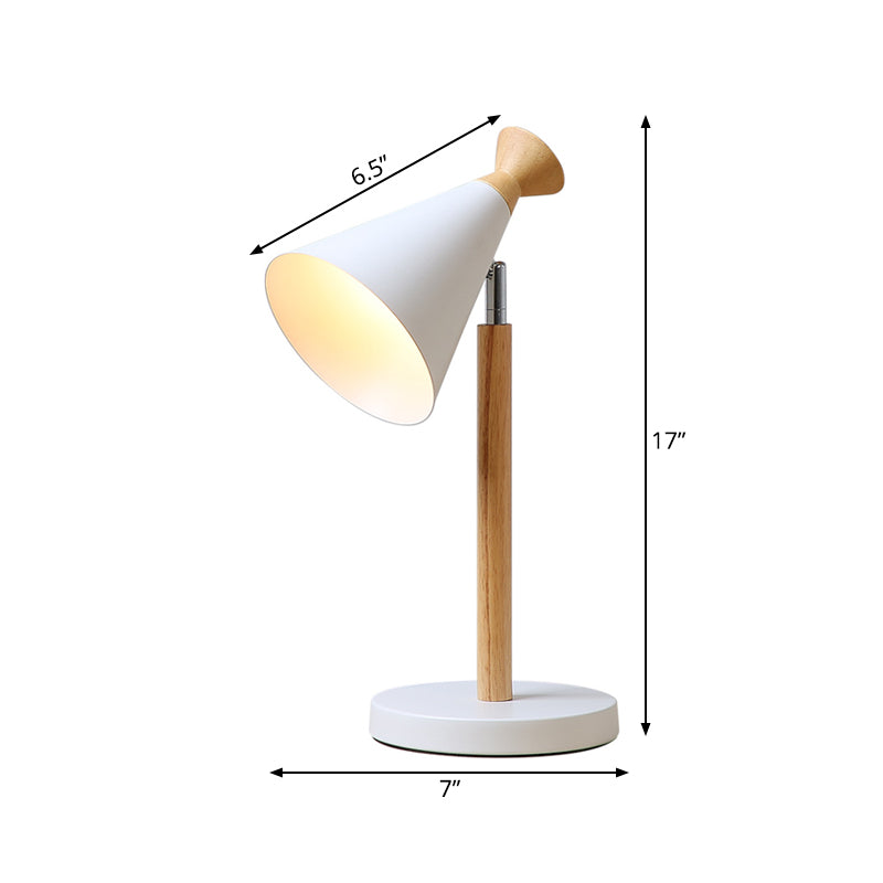 Swivelable Trumpet Shade Table Lighting Nordic Iron 1 Head White Night Stand Light with Wood Stem