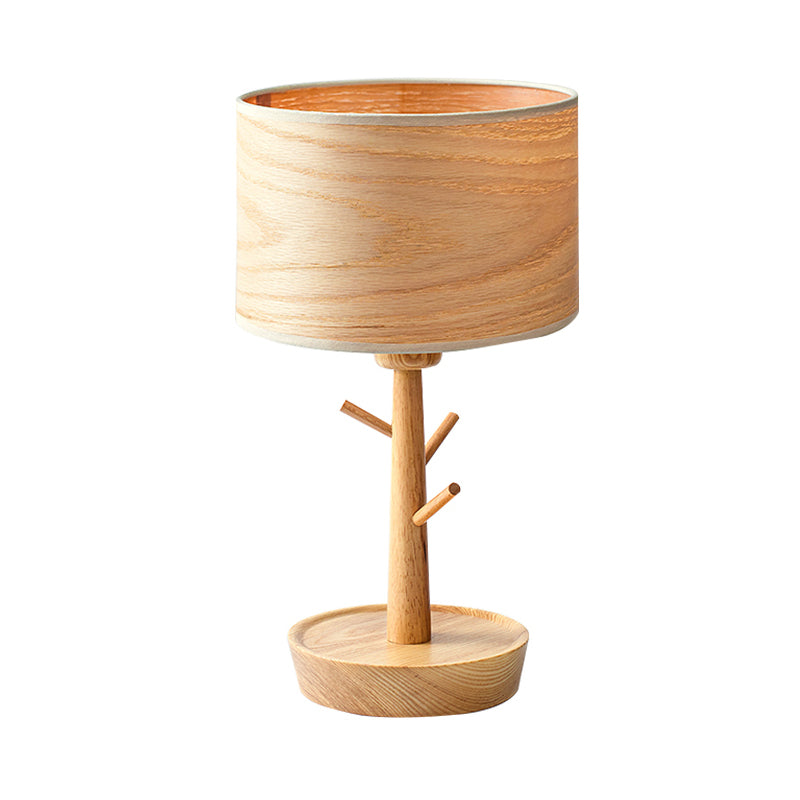 Wood Drum Shade Night Lighting Modern Functional 1-Light Beige Table Light with Hook Design