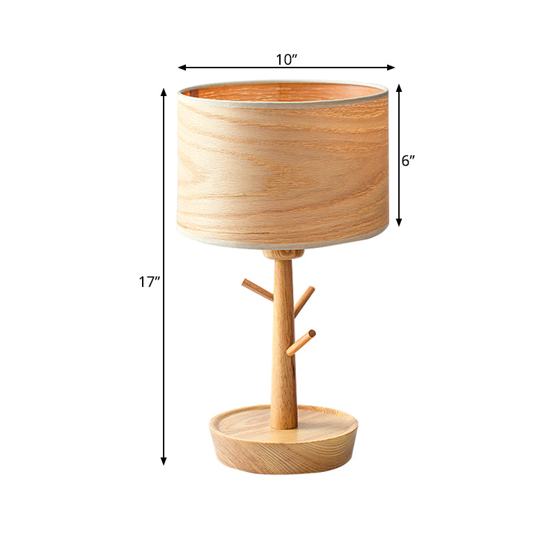 Wood Drum Shade Night Lighting Modern Functional 1-Light Beige Table Light with Hook Design