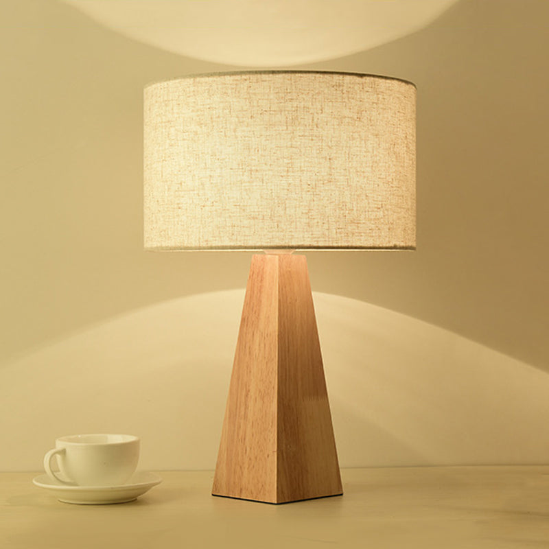 Prismatic Wooden Table Lamp Modernist 1 Light Beige Night Light with White Fabric Lamp Shade