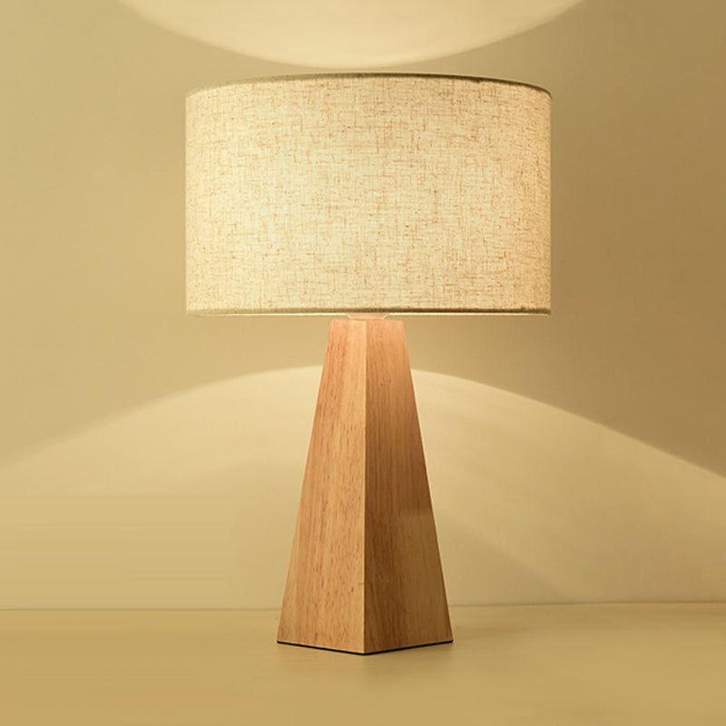 Prismatic Wooden Table Lamp Modernist 1 Light Beige Night Light with White Fabric Lamp Shade