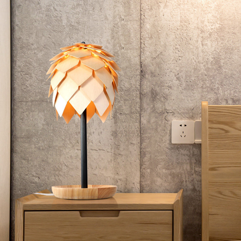 Artichoke Bedroom Table Lamp Wood 1 Bulb Nordic Nightstand Lighting in Beige with Tray Base