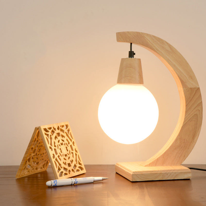 Nordic Arch Table Light Wood 1 Head Bedroom Night Stand Lamp with Ball Cream Frosted Glass Shade