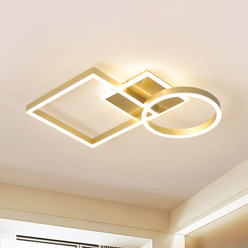 Modern Creative LED Ceiling Lamp Aluminum Golden/Coffee Geometric Framework Flush Mount Light in Warm/White Light, 20.5"/34" L