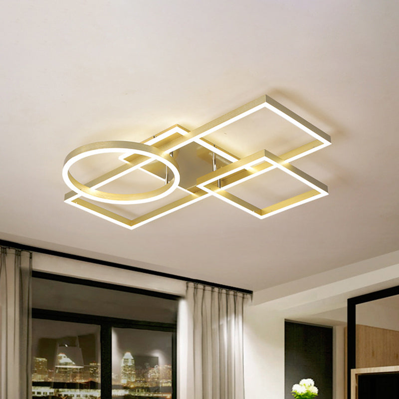 Modern Creative LED Ceiling Lamp Aluminum Golden/Coffee Geometric Framework Flush Mount Light in Warm/White Light, 20.5"/34" L