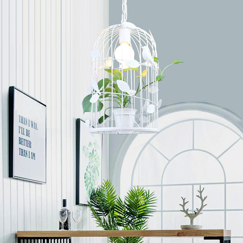 Vintage Bird Cage Ceiling Lamp 1 Bulb Iron Pendant Light in White with Potted Plant Design