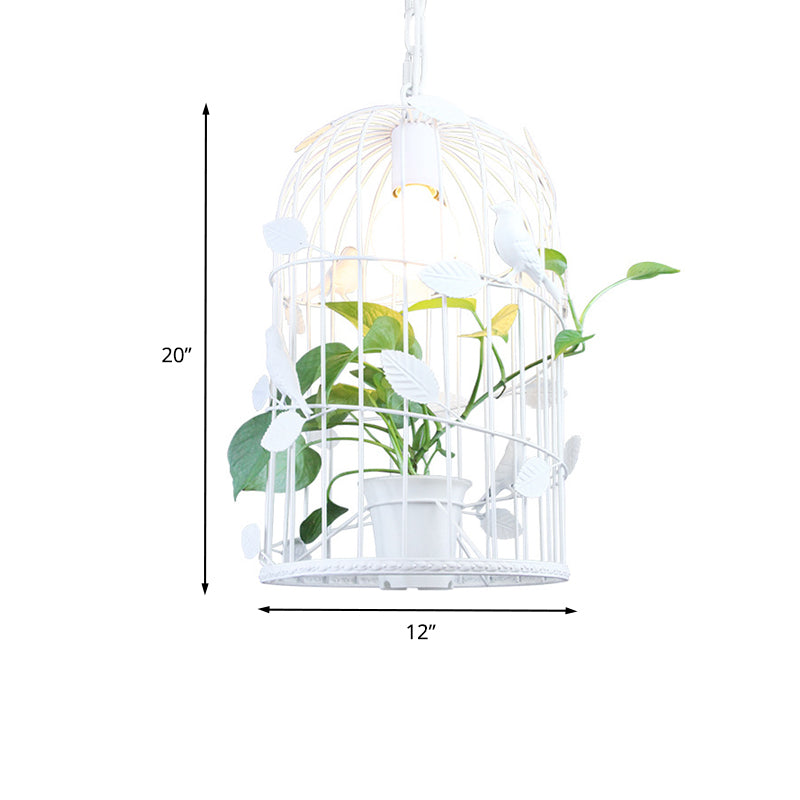 Vintage Bird Cage Ceiling Lamp 1 Bulb Iron Pendant Light in White with Potted Plant Design