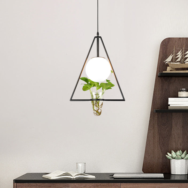 Witglasbol Down Lighting Industrial 1 Light Restaurant Hanger in zwart/grijs/goud met driehoekskooi en plantenpot