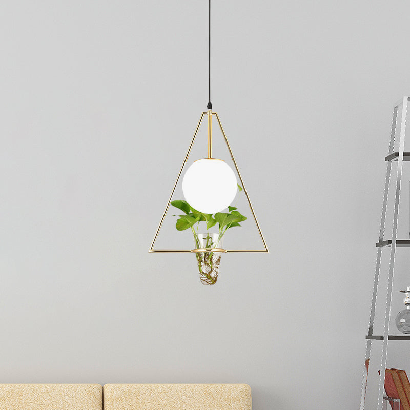 Witglasbol Down Lighting Industrial 1 Light Restaurant Hanger in zwart/grijs/goud met driehoekskooi en plantenpot